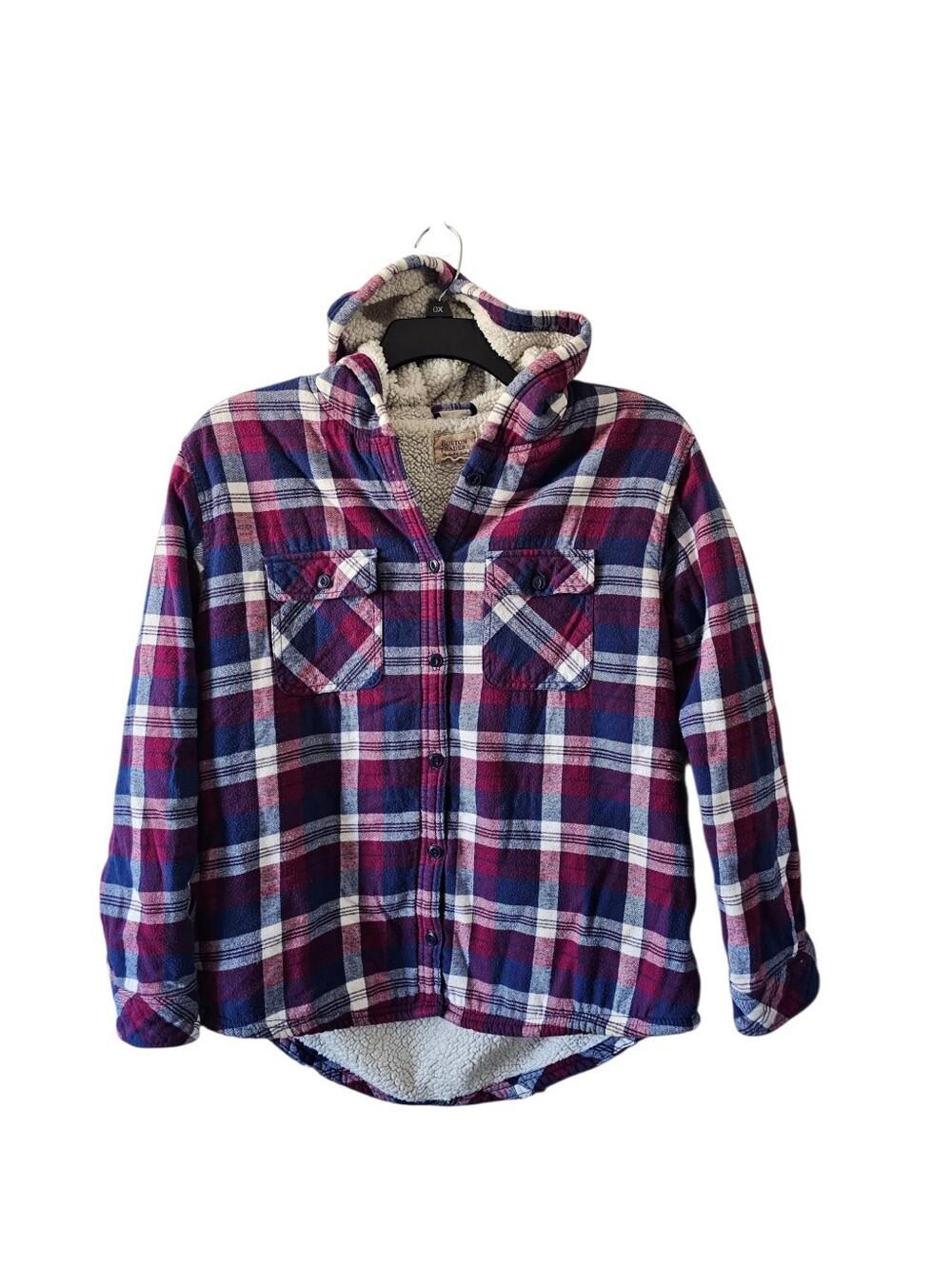 Boston Traders Plaid Flannel Hooded Jacket Women XL Purple Blue Sherpa Lined
